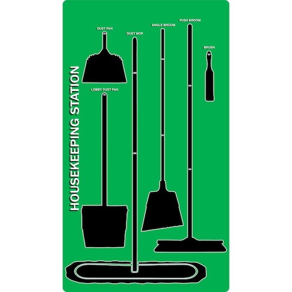 5S Housekeeping Shadow Board Broom Station Version 2 - Green Board / Black Shadows  With Broom